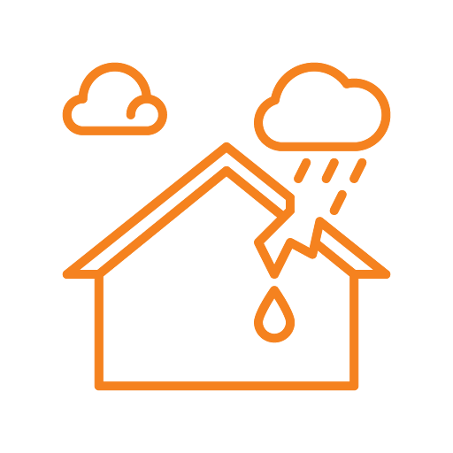 orange icon of a damaged roof house letting in storm leaks needing roof replacement